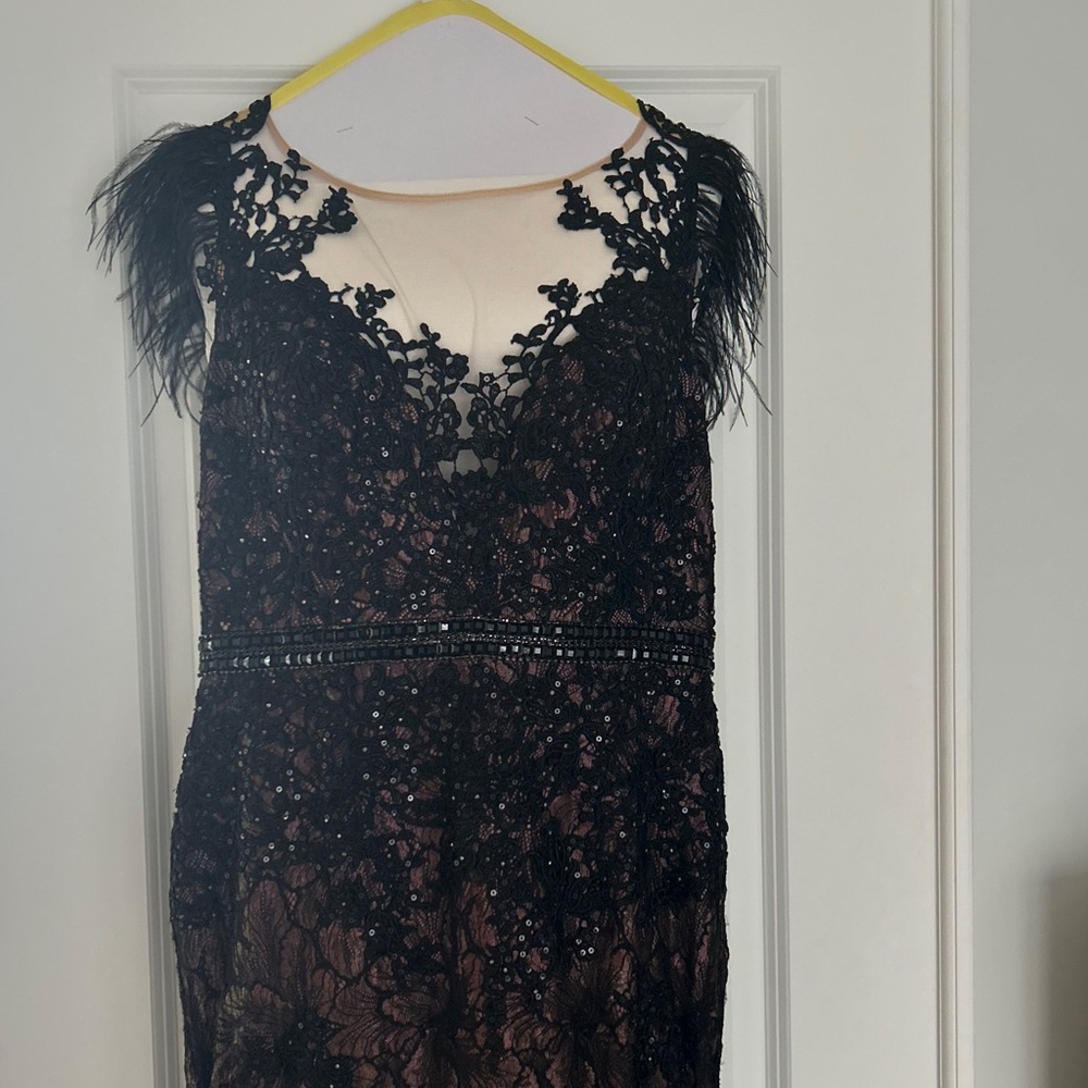 Mac Dougal Embellished Feather Cap Sleeve Illusion Neck Trumpet Gown